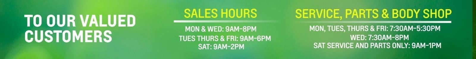 Sales, Service, Parts, and Body Shop Hours For Midway Chevrolet Dealership